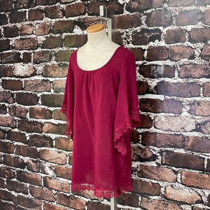 Socialite Shift Dress Red Burgundy Mini Bell Sleeves Lace Size Large